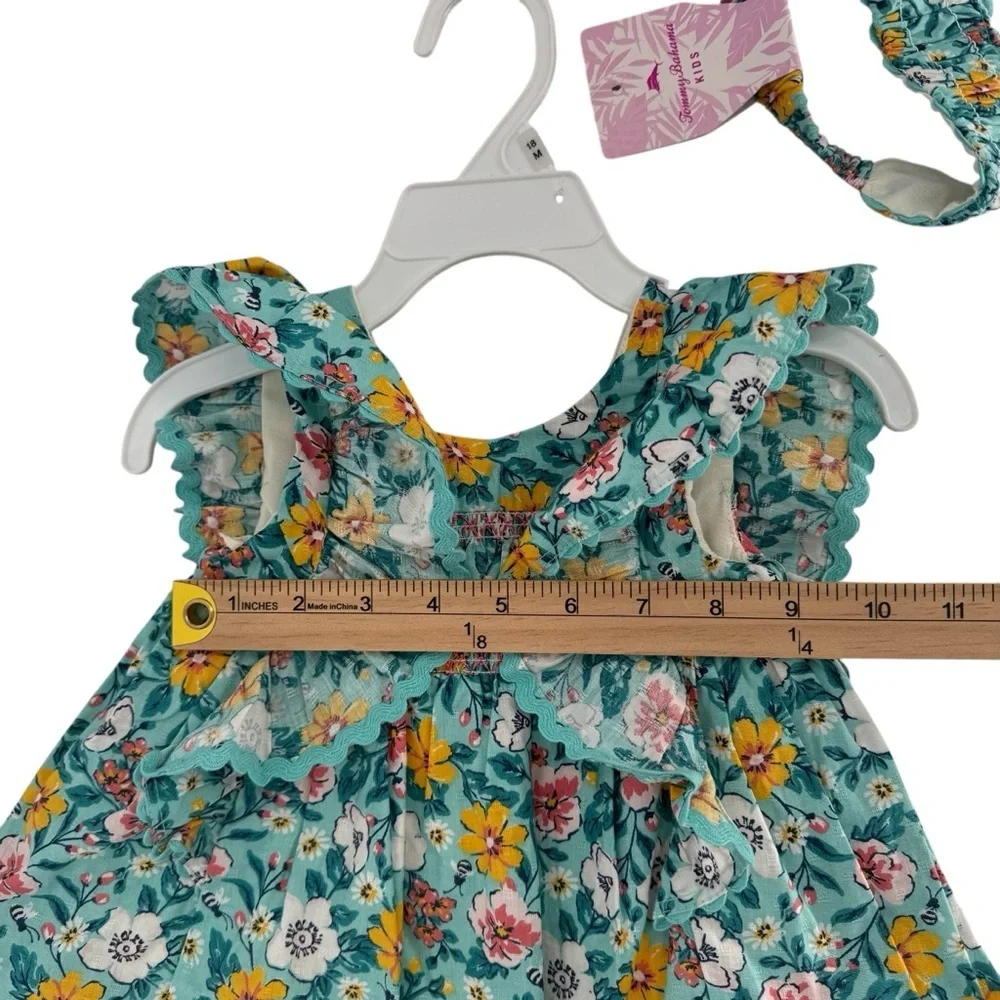 NWT Tommy Bahama Teal Blue Yellow Floral Scallop Flowy Dress & Headband 18 Month